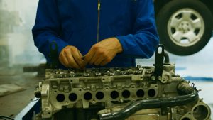 Close-up of a mechanic repairing an engine in a garage setting. Gros plan d'un mécanicien réparant un moteur dans un garage.