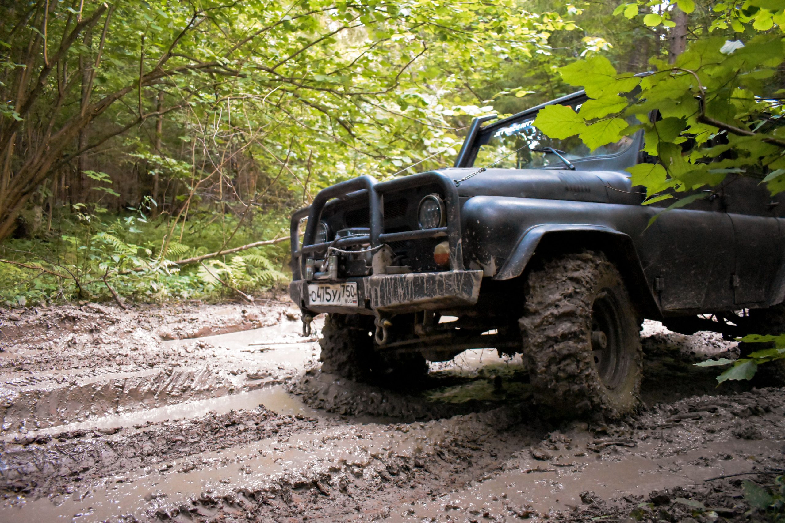 SUV noir robuste sur route forestière boueuse