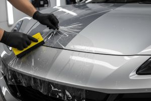 Technicien appliquant un film de protection sur la carrosserie