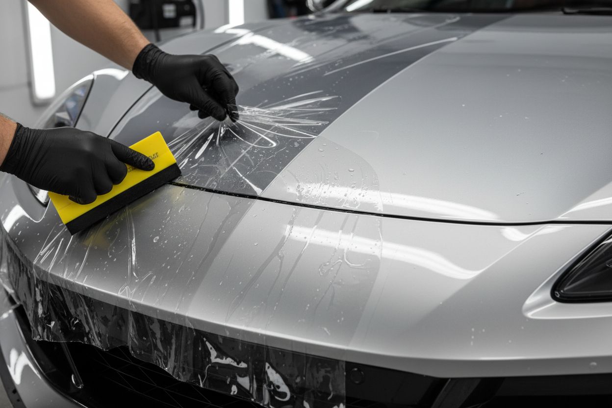 Technicien appliquant un film de protection sur la carrosserie
